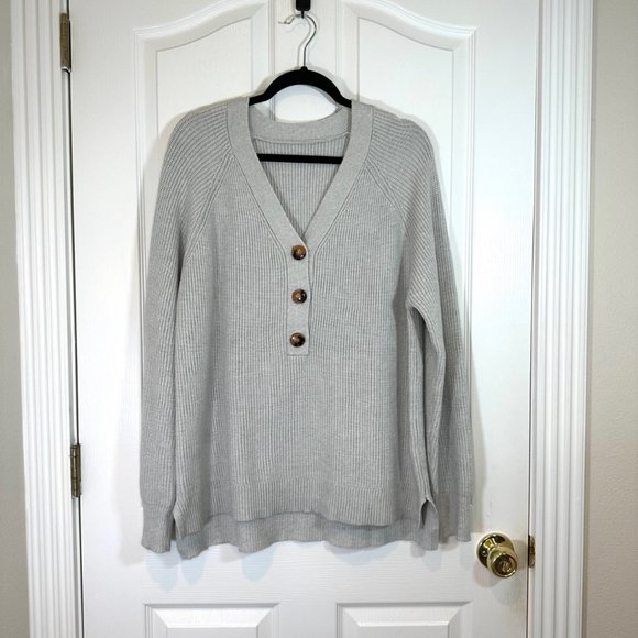 Gray Long Sleeve V-Neck Oversized Ribbed Knit Cozy Relaxed Fit Sweater XL - Picture 5 of 10
